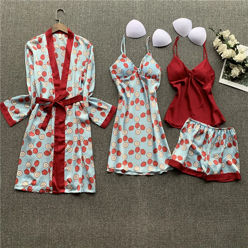

Sexy Pajamas Intimate Lingerie Sleepwear Satin Print 4PCS Sleep Set Female Kimono Bathrobe Gown Casual Nightwear Pyjamas Suit