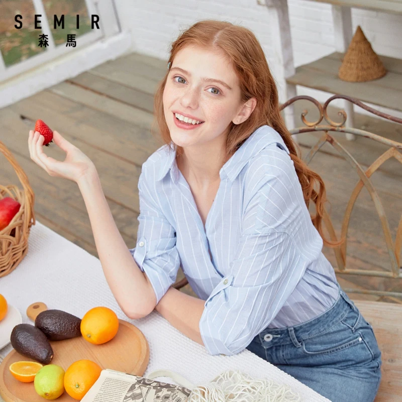 

SEMIR shirts female 2020 summer new V-neck blouse women contrast color stripe loose fashion tops clothes for woman