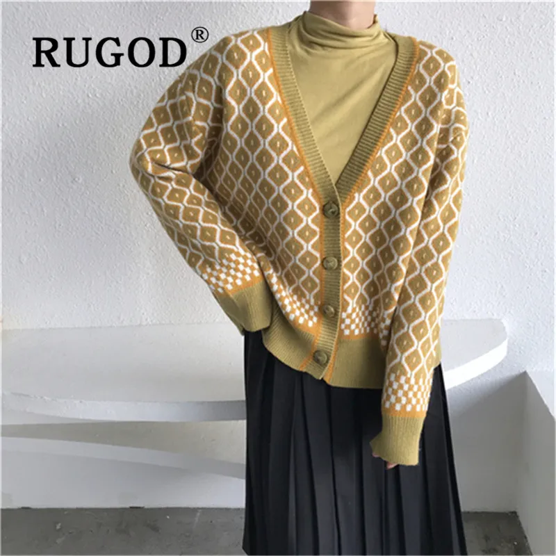 RUGOD новый корейский стиль Шикарный свободный Diomand узор вязаный кардиган