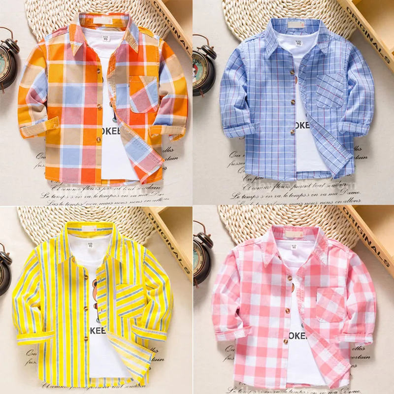 Детские рубашки для мальчиков весенние клетчатые с длинным рукавом малышей