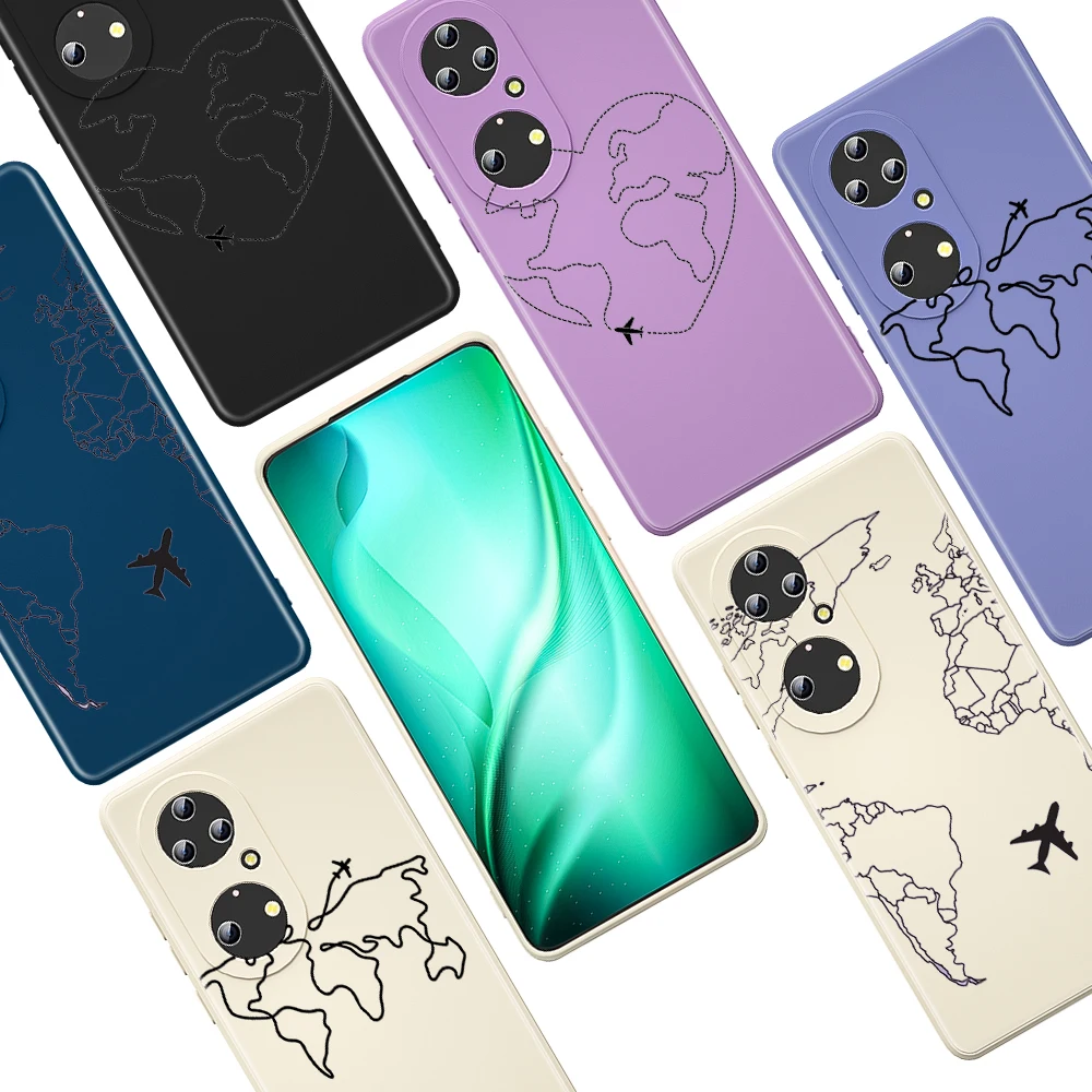 

World Map Travel for Huawei P50 P40 P30 P20 Lite P Smart Z Pro Plus 2019 2021 Liquid Silicone Soft Cover Phone Case