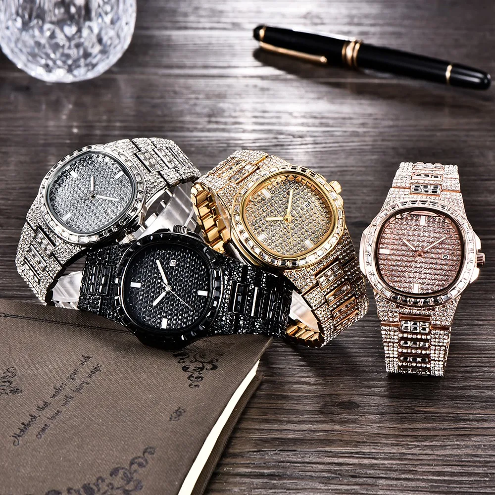 

Luxury Fashion Mens Watch Dazzling Diamond Calendar Dial Watch For Men Stainless Steel Belt Men Quartz Wristwatches Relogio