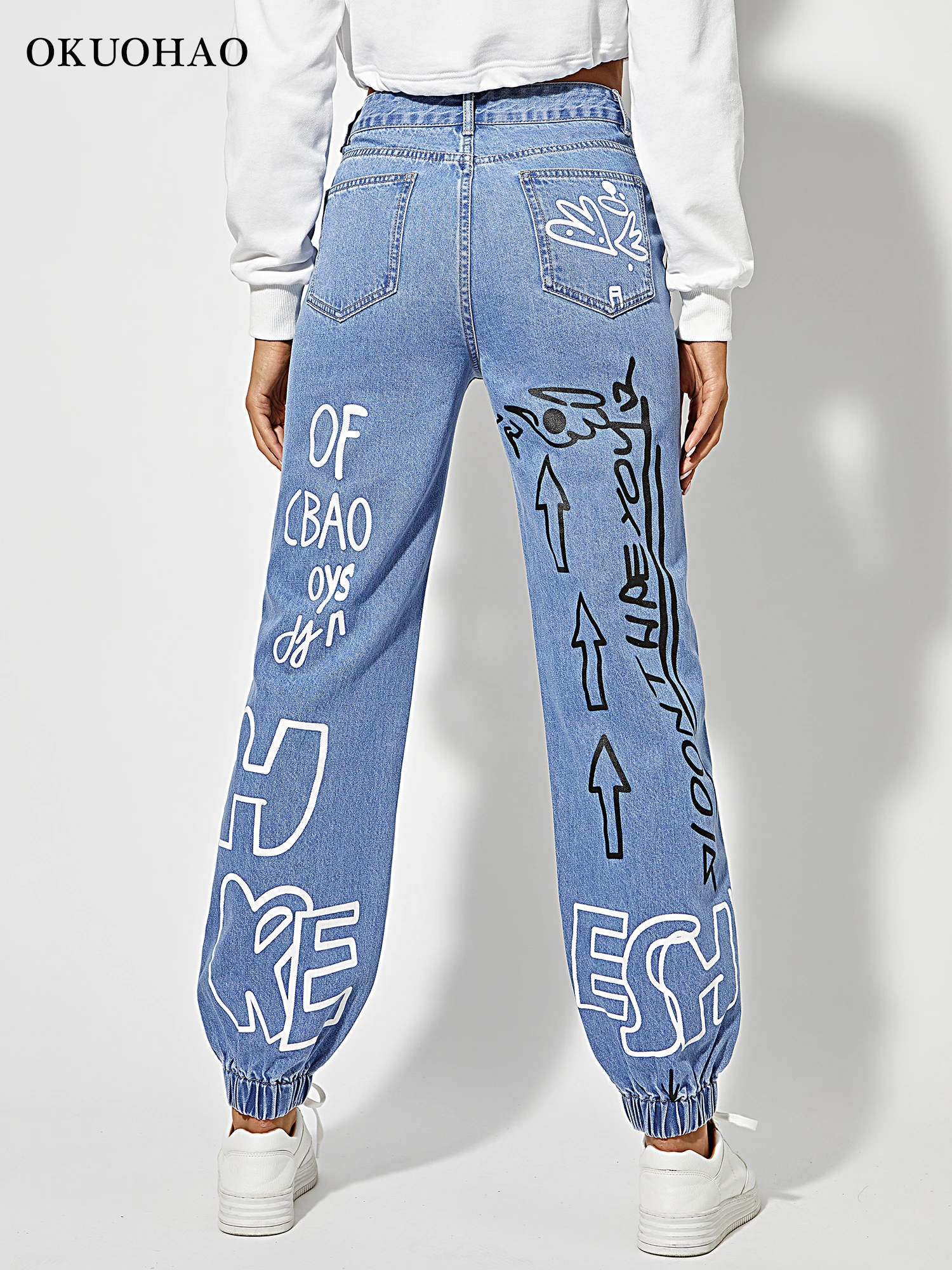 Print High Straight Jeans Women Denim Track Pants With Letter Pattern Womens High Rise Jogger Denim Jeans Waist Drawstring Pants
