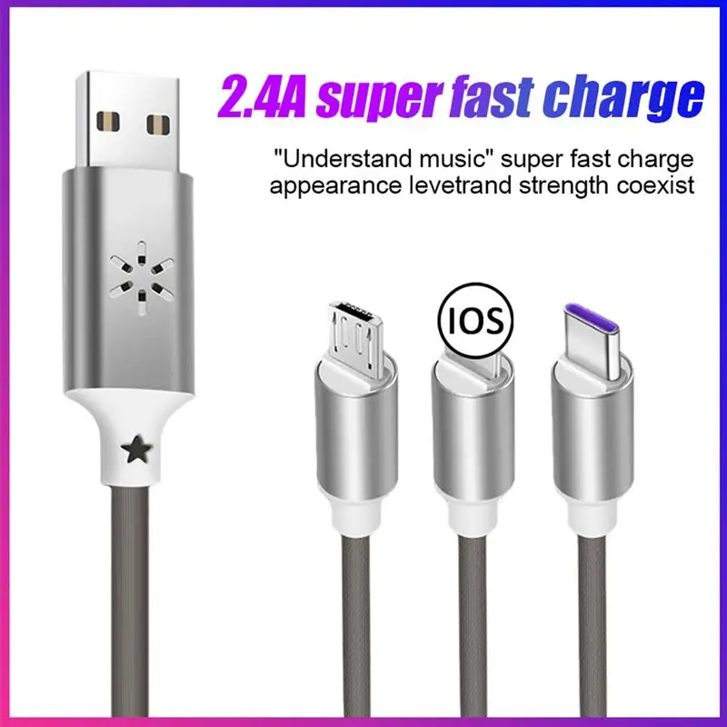 

3 Types Voice Control Flash RGB LED Light Cable Charging Cord For iOS Micro USB Type C 2.4A Fast Charging Cord for iPhone Xiaomi