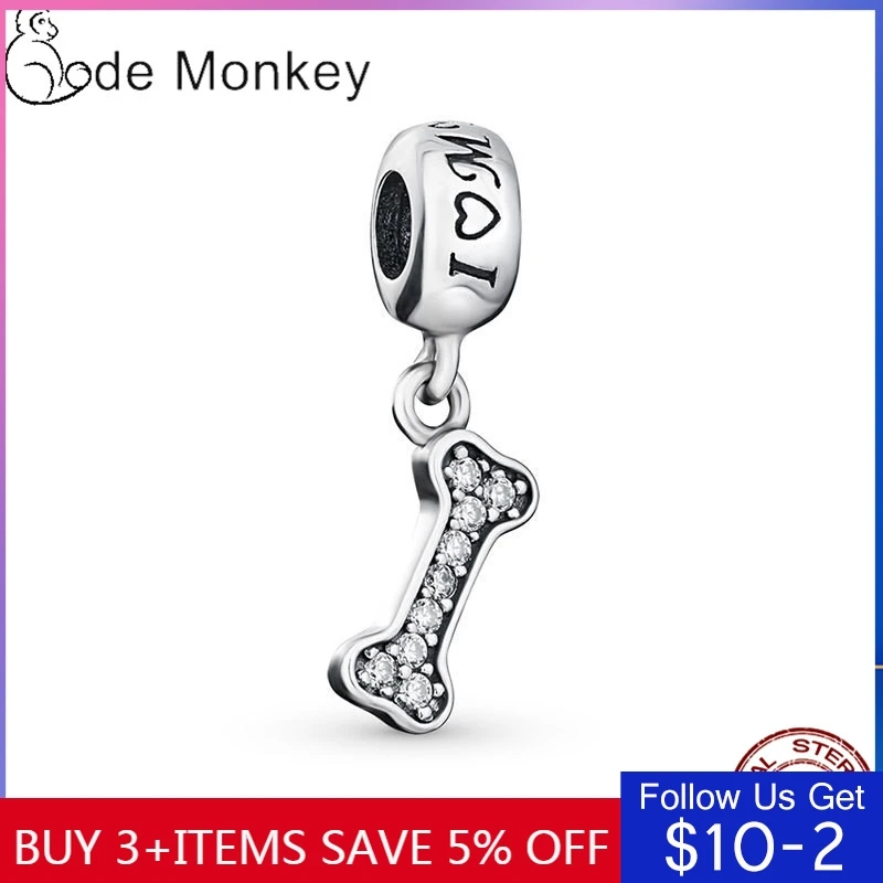

CodeMonkey чистым Цирконом собака Подвески с костями бусы, подходят к оригинальному браслету, 100% стерлингового серебра кулон ювелирные изделия ...