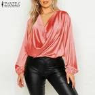 Женский деловой топ с V-образным вырезом, модная весенняя блузка ZANZEA с длинными рукавами-фонариками, Женская офисная блузка, Простые блузки