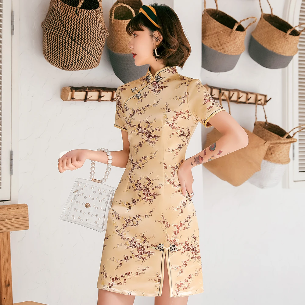 

Vintage Mandarin Collar Qipao Women Satin Elegant Chinese Style Evening Party Dress Sexy Slim High Split Cheongsam Vestidos