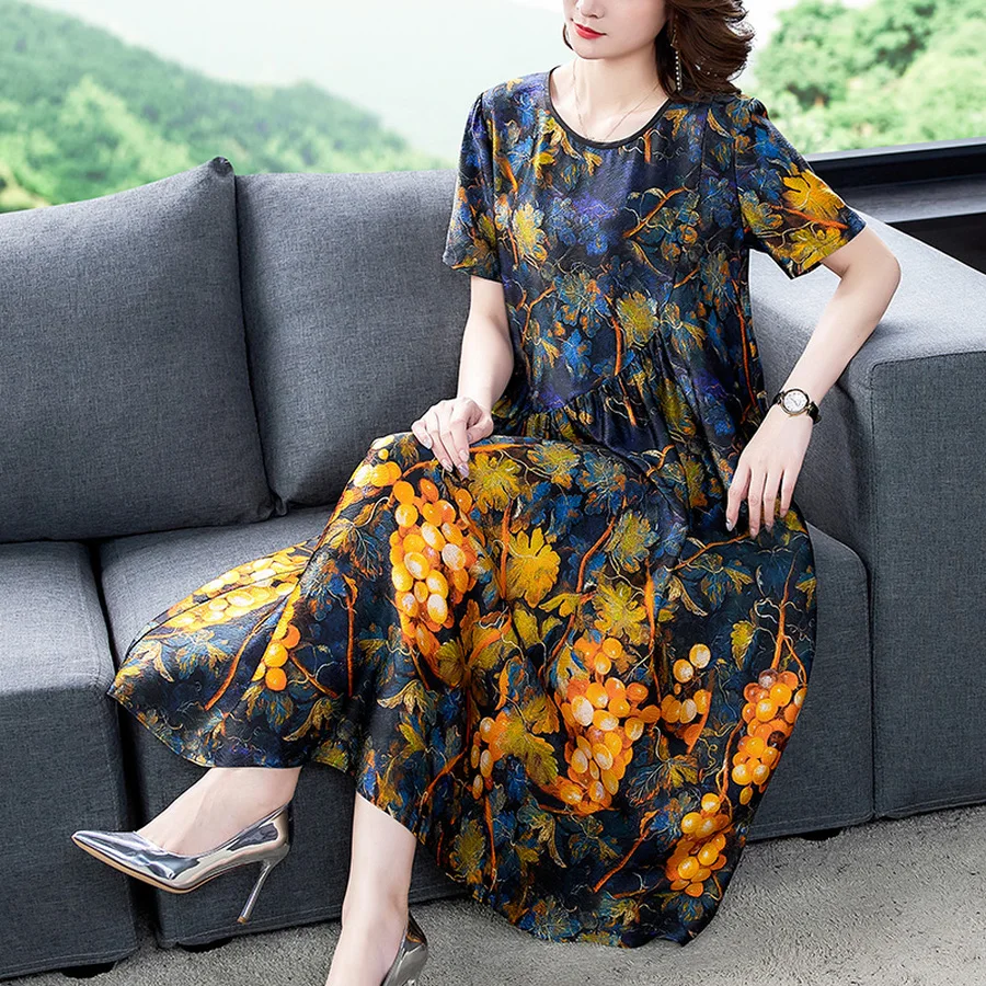 

2021 Vintage Yellow Floral Mulberry Silk Midi Dress Summer Fashion Plus Size Runway Dresses Elegant Women Bodycon Party Vestidos