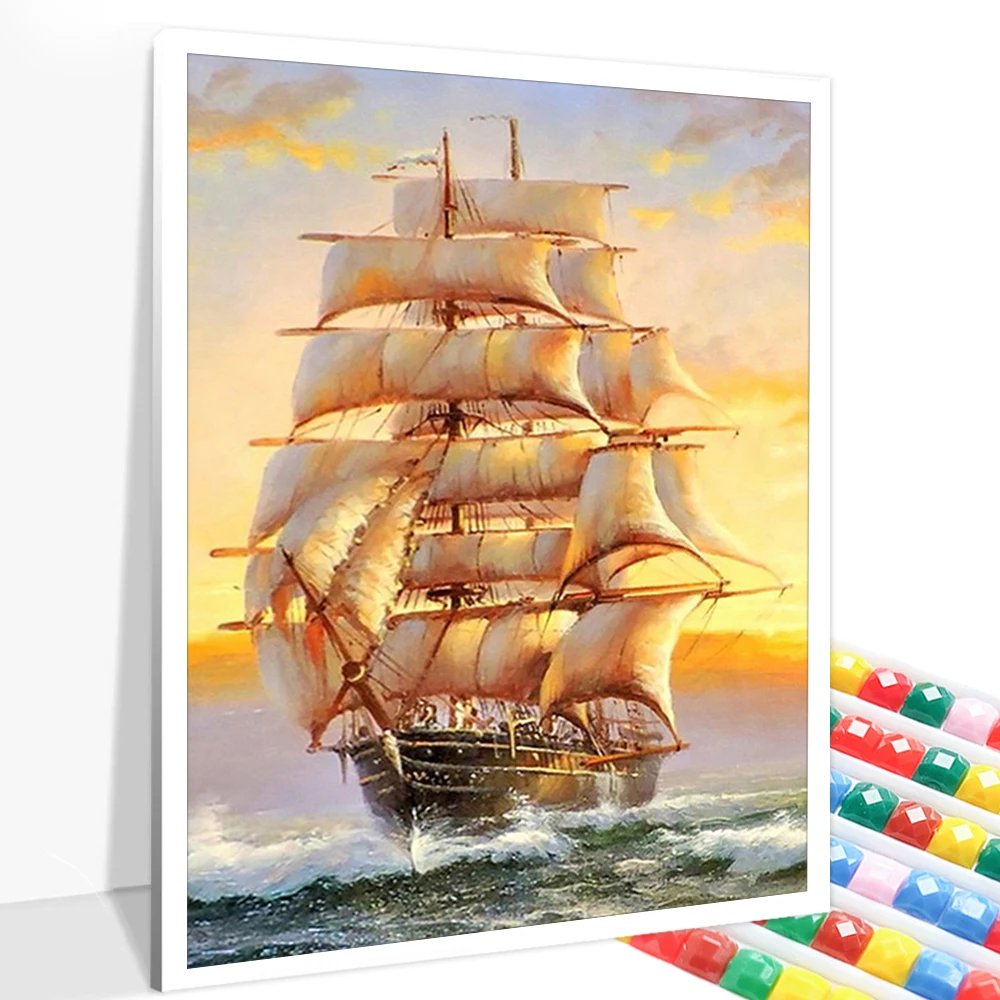 

Алмазная мозаика 5D «сделай сам», картина с парусником, квадратная/круглая вышивка крестиком, пейзаж, бриллиантовое украшение, подарок, нови...