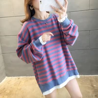 streetwear women kpop korean sweatshirt striped long sleeve 2020 spring autumn loose casual woman fake clothes ropa de mujer top