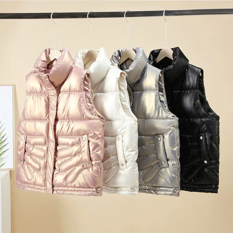 

Glossy Down Cotton Jacket Vest Women 2021 Winter Short Parka Loose Sleeveless Coat Finger pocket Casual Female Waistcoat Outwear