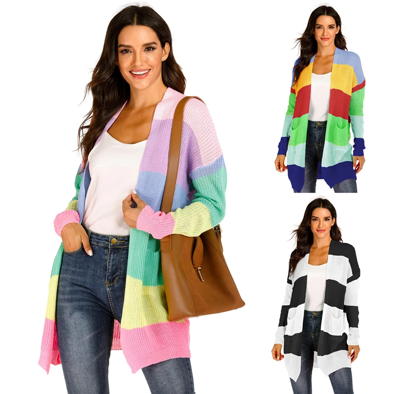 

Autumn Winter Women Sweater Top Colorful Stitched Cardigan Knitted Medium Length Coat Female Street Wear Jacket Pocket Plus Size