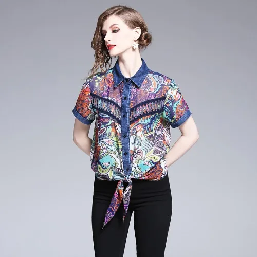 

Fashion Luxury Double Knit Printed Short Sleeve Shirt Spliced Ladies Shirt Silk Chiffon Plus Size Women's Clothing Ladies Tops
