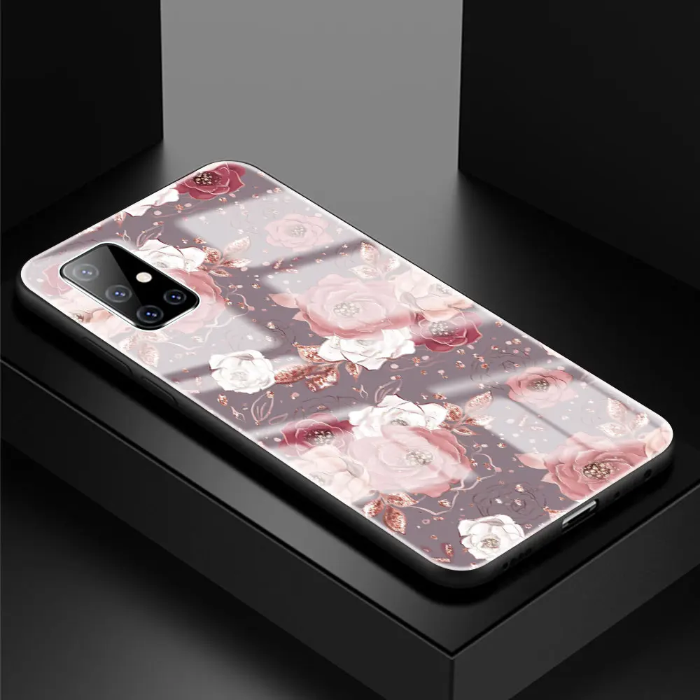 

Gold Rose Pink Pattern Glass Phone Case For Samsung Galaxy A51 A50 A71 A70 A31 A10 A21s A91 A40 A30 Tempered Mobile Cover