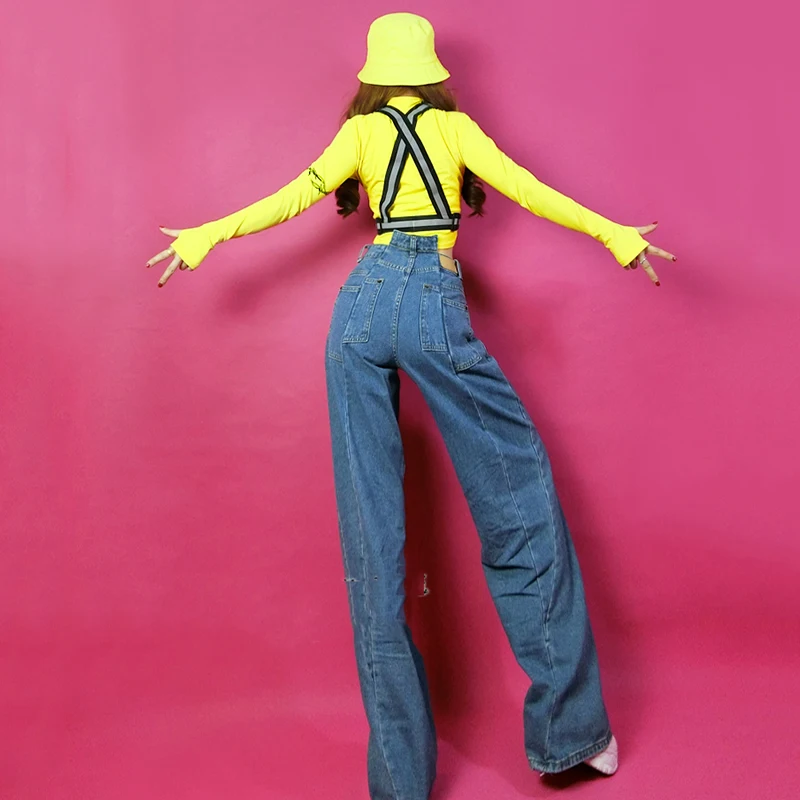 Женский джинсовый костюм в стиле хип хоп одежда для выступлений на сцене певиц