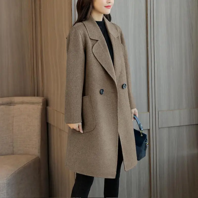 

Women 2021 Spring Autumn Fashion Mid-long Woolen Coats Female Loose Long Sleeve Outerwear Ladies Warm Overcoats Q574