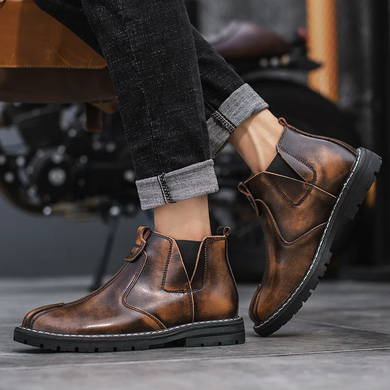 Мужские ботинки челси с мехом черные/коричневые/серые ботильоны в британском