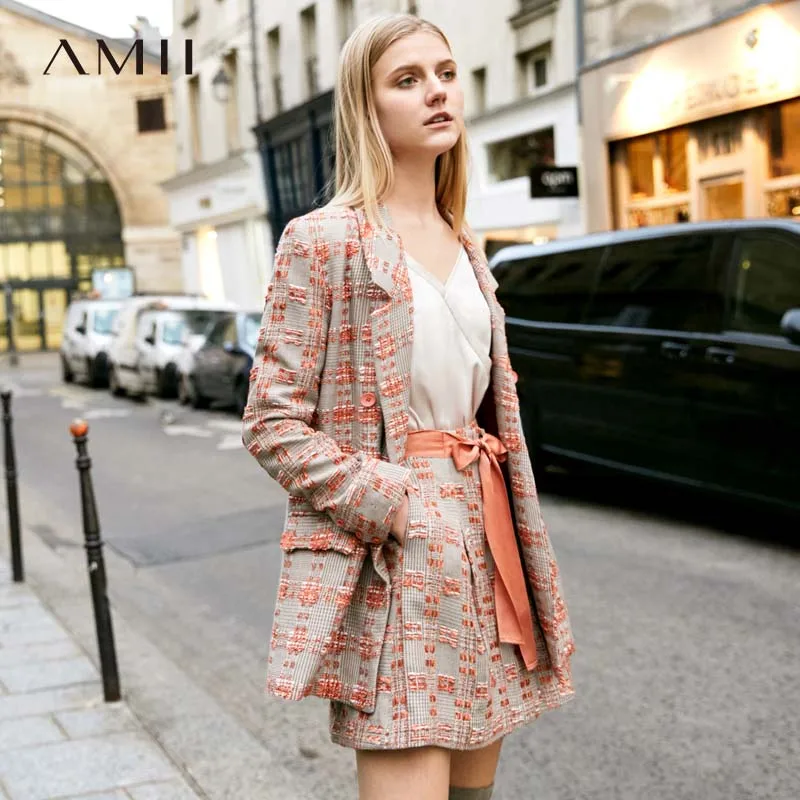 Женский твидовый пиджак Amii свободный с лацканами и мини-юбка элегантный костюм