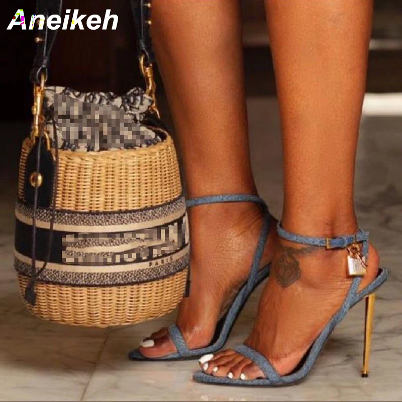 Aneikeh Concise 2023 Summer High Heels Women Shoes Pointed Toe Metal Decoratio Sandals Party Cross-Tied Gladiator Lace-Up 35-41