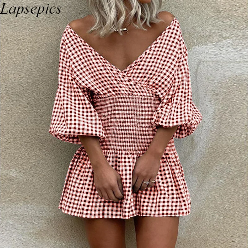

Женское летнее платье в клетку с V-образным вырезом и рукавами-фонариками
