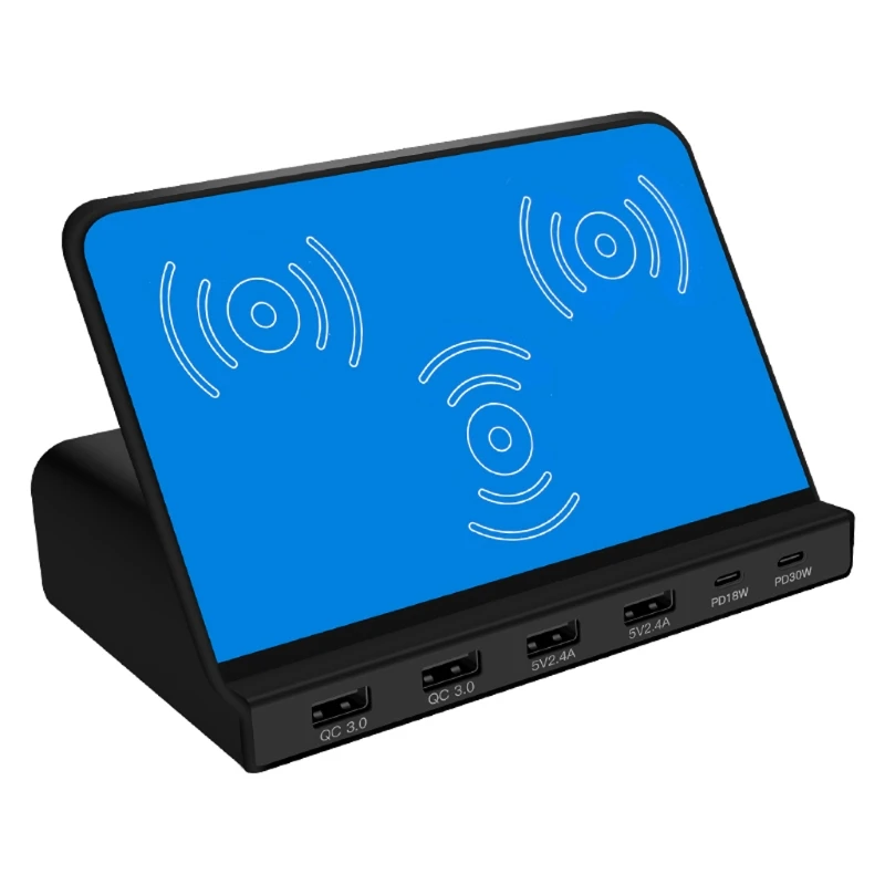 

Universal 6Ports 30W Type C PD QC3.0 USB Fast Charger 10W Dual Wireless Charger Station Stand for Laptop Cellphone Tablet