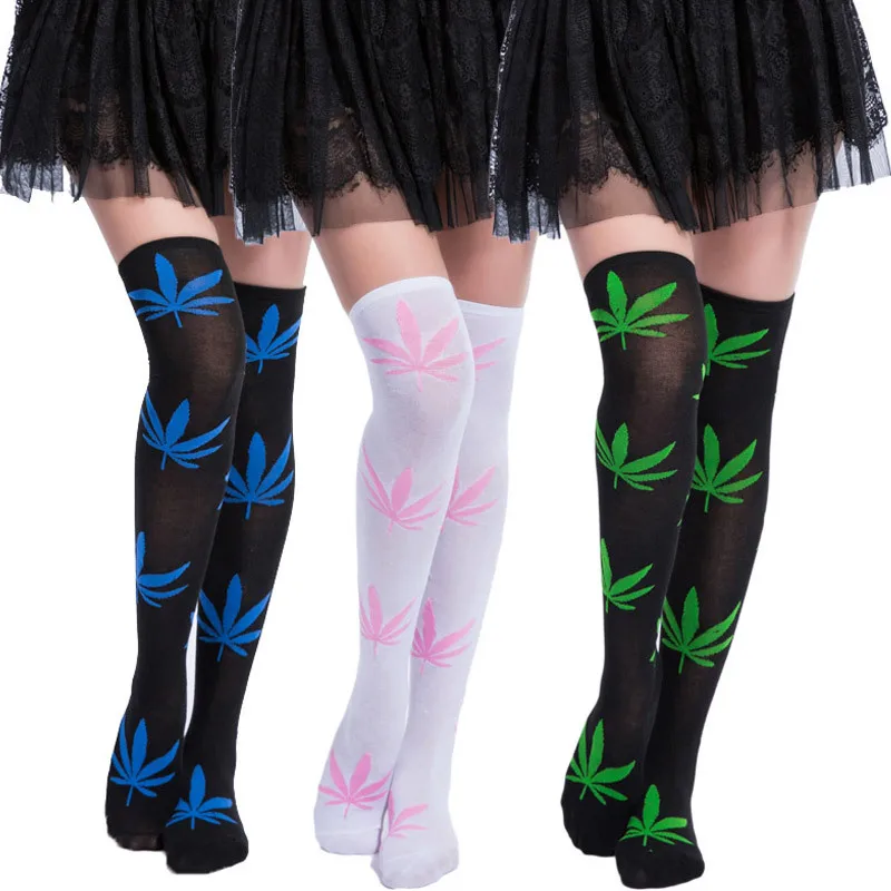 

Fashion Maple Leaf Women's Stockings Cotton Thigh High Socks Female Long Sexy Cheerleader Over High Knee Socks