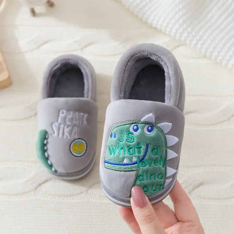 2021 Winter Dinosaur Kids Slippers For Boys Girls Flip Flops Soft Non-slip Children Home Slippers Baby Warm Cotton Indoor Shoes