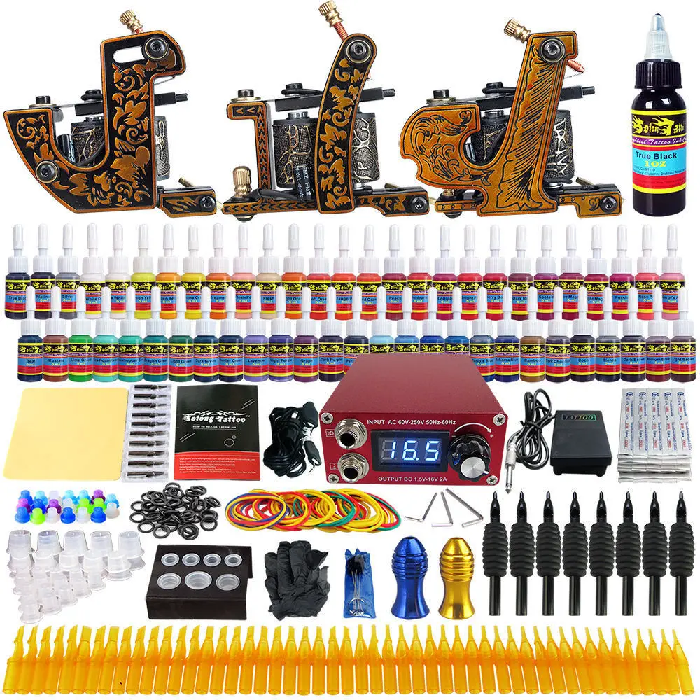 Полный комплект машины для татуировки 3 Пистолеты 54 Чернила Питание игла тату