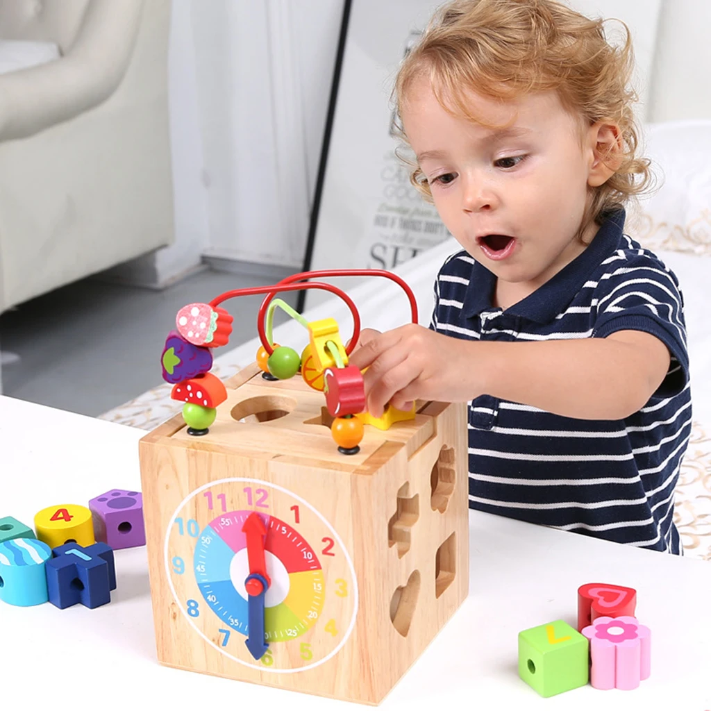 

Baby Wooden Montessori Toy Around Bead Maze Shape Recognition Clock Learning Educational Children Math Toys