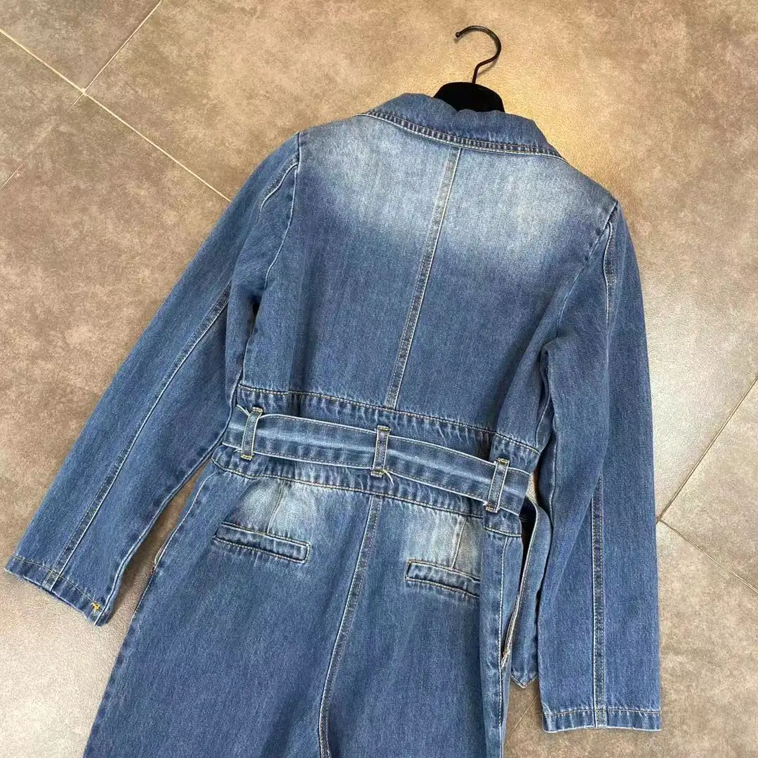 

ZCSMLL blue Jeans Lapel Long-sleeved Double-breasted Decorative Belt Waist Streetwear Women Denim Jumpsuit 2021 Spring