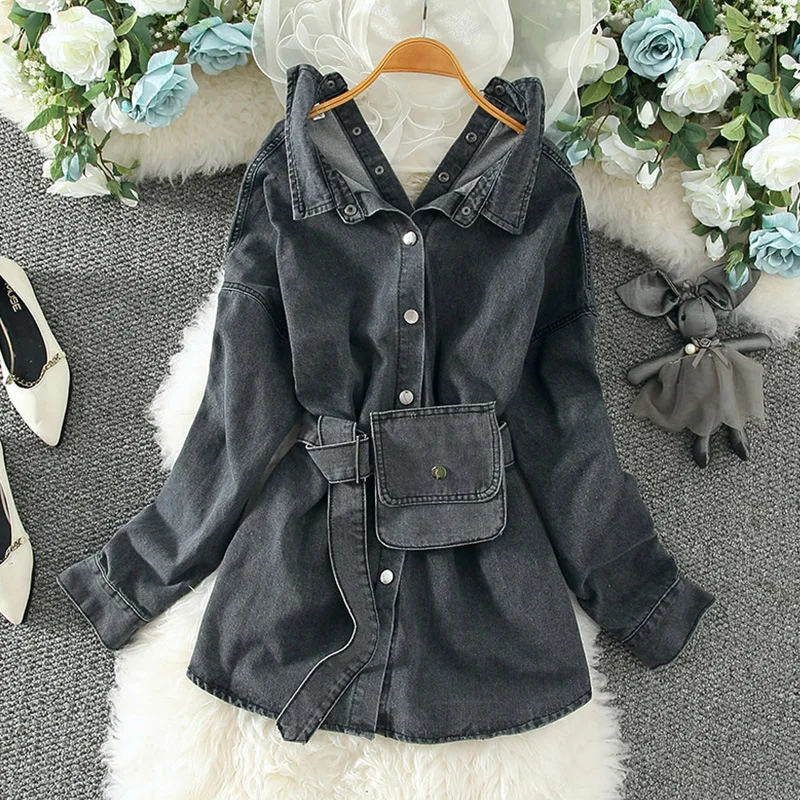 

Куртка женская джинсовая однобортная, винтажный бандажный свободный жакет из денима, Повседневная Уличная одежда, черное пальто, осень 2021
