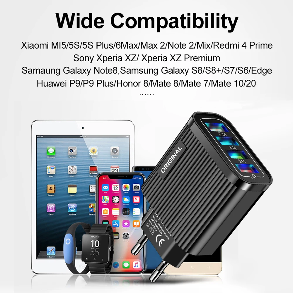 

EU/US 4 Ports USB Charger 3.1A Fast Charging Portable Wall Mobile Phone Charger For Samsung Galaxy S21 Huawei Xiaomi Redmi