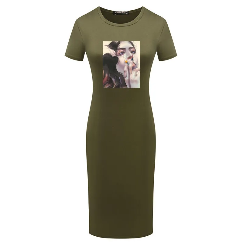 

Women Party Dress Vintage Girl Print Vestido Summer Short Sleeve Slim Official Bodycon Dress Round Neck Casual Pencil Dress