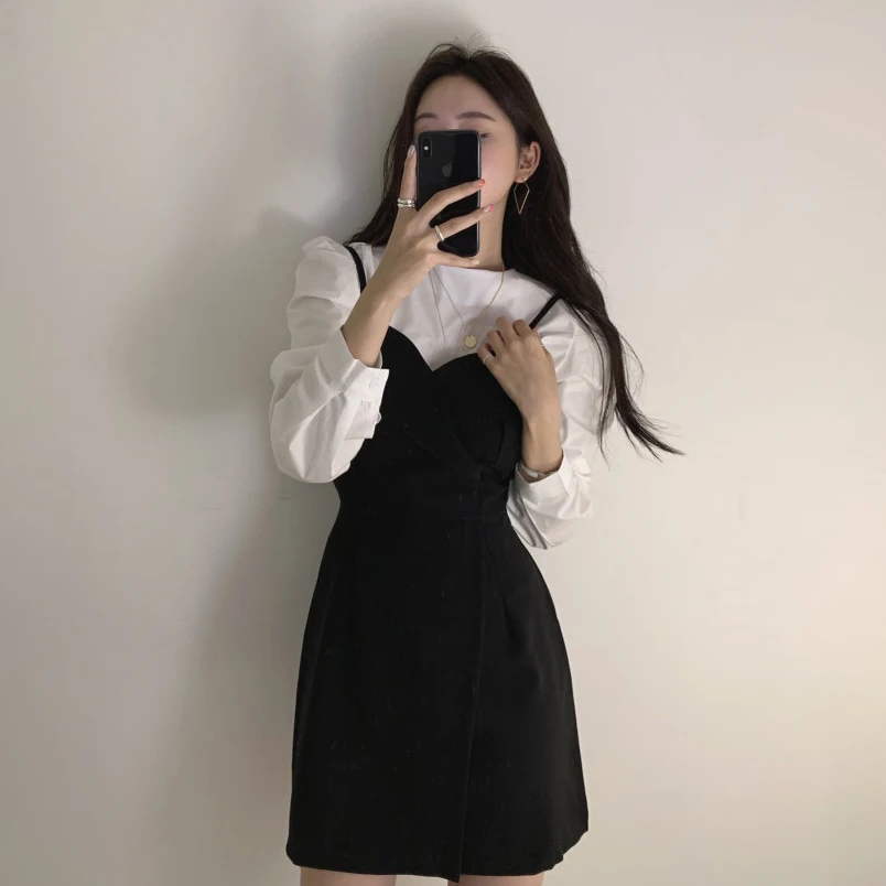 

COIGARSAM Solid Women Spring O-Neck Spaghetti Strap Dresses Dress 9824