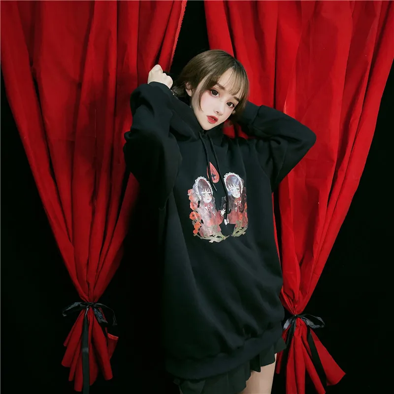 Милая Женская Толстовка Harajuku Готический мультяшный принт плюс бархат с капюшоном модная повседневная панк уличная темная Толстовка Осень