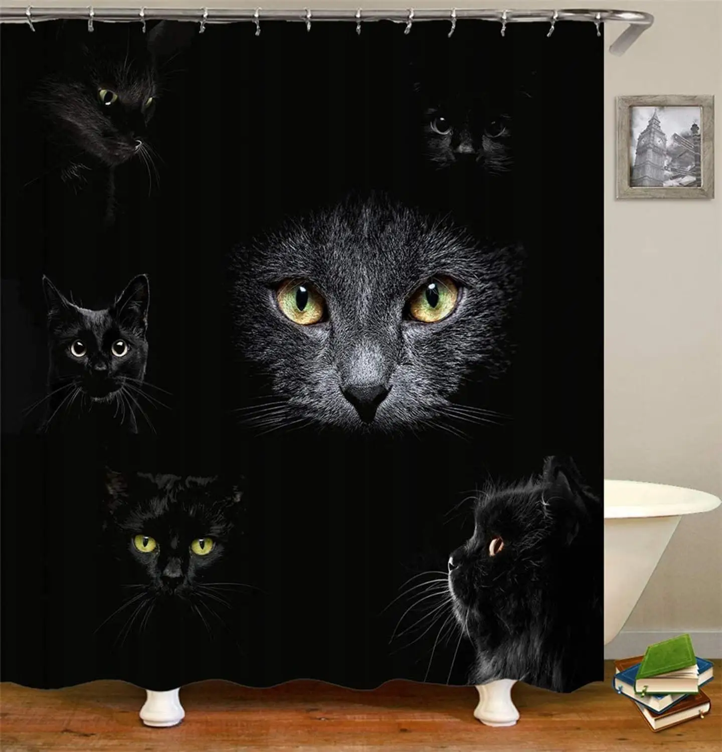 

There Are Many Black Cats. A Beam Of Light Shines On The Black Cat. Shower Curtain. Waterproof. Easy To Clean. 180X180Cm.