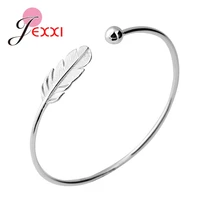 new fashion adjustable open feather bangles bracelet for women leave wedding gifts 925 sterling silver feather bracelets