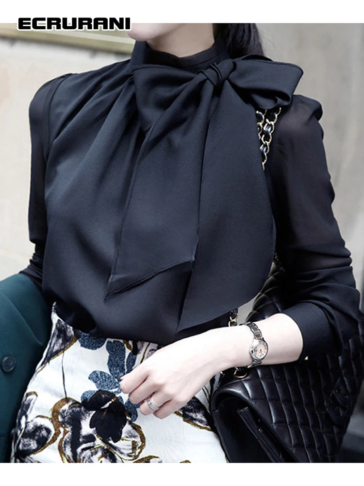 

ECRURANI Casual Solid Cut Out Shirt For Women Stand Collar Long Sleeve Temperament Fold Pleated Blouse Female 2021 Clothing New