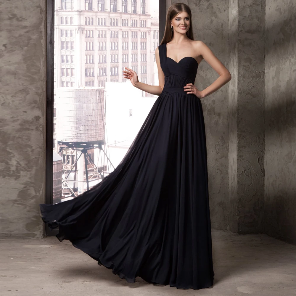 

Vestidos Elegant Evening Dresses Chiffon Pleat Sweetheart One-Shoulder Zipper A-Line Gowns