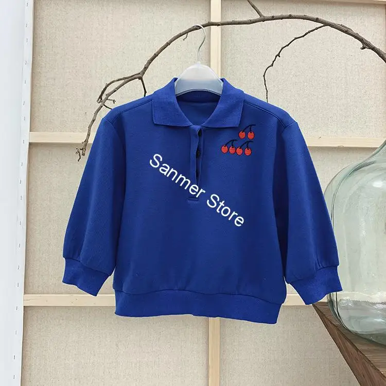 

Cherry Embroidered Women Tees Lantern Sleeve Turn-down Collar Three Colors 2020 New Lady Knitted Short Pullover with Buttons