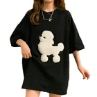 2021 летняя Милая женская футболка с круглым вырезом и коротким рукавом, с аппликацией, плюшевая футболка с собакой-пуделем, повседневные свободные пушистые футболки с вышивкой