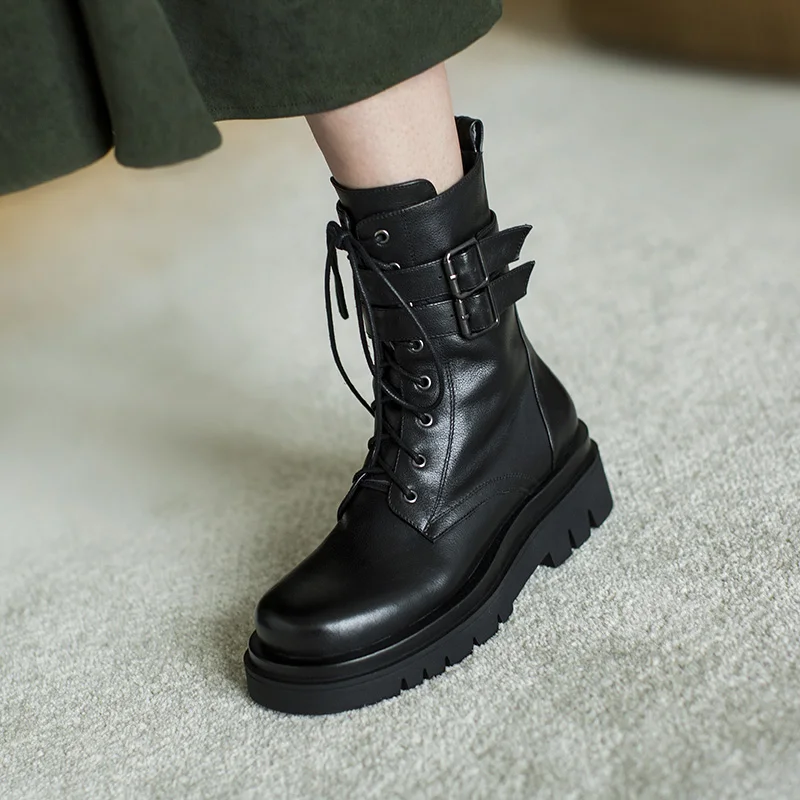 Harga Sepatu Bot Pergelangan Kaki Berenda Ujung Bundar Baru Musim Gugur 2020 Hak Sedang Platform Kulit Sapi Asli Sepatu Bot Pergelangan Kaki Wanita