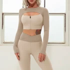 НОВЫЕ комплекты для йоги, женский укороченный топ на молнии, многослойный короткий топ с длинным рукавом, леггинсы с запахом и V-образным вырезом