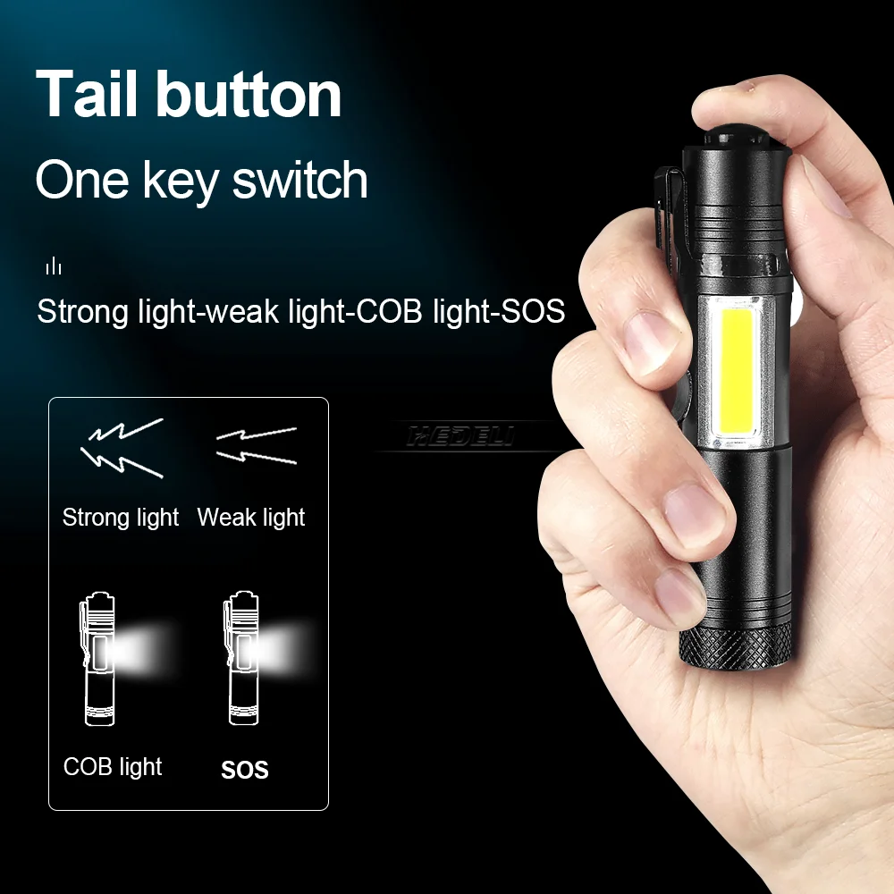 Mini Led Flashlight 14450 Battery Q5 + COB Portable Torch Lamp 3000 Lumen 4 modes Pen light for night reading Outdoor Camping | Лампы и