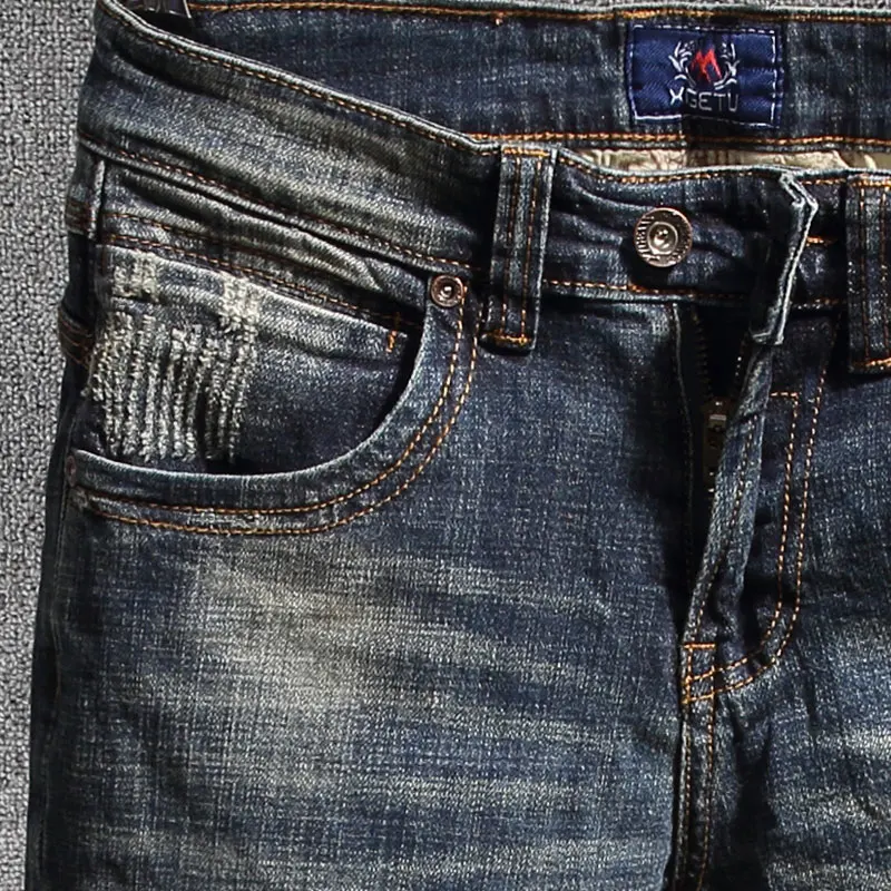 Italian Style Fashion Men Jeans Retro Blue Distressed Wash Elastic Slim Fit Ripped Jeans Men Vintage Designer Casual Denim Pants