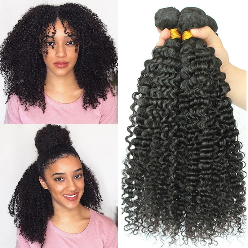 Human Hair Bundles 3B 3C Kinky Curly Hair With Closure Brazilian Human Extensions Weave Natural Color Remy | Шиньоны и парики