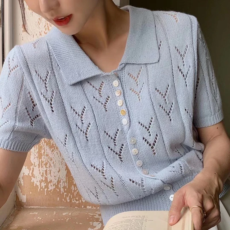 

GALCAUR Blue Knitting T Shirt For Women Lapel Short Sleeve Hollow Out Short Top Cardigans Sweet T Shirts Female 2021 Spring Tide