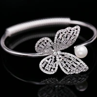 luxury pearl cubic zirconia butterfly bracelet for women fashion goldsilver color open cuff bangles wedding jewelry wholesale