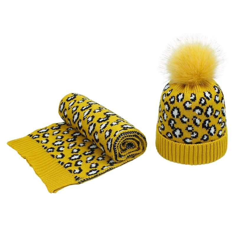

Women Winter Vintage Leopard Knitted Pompom Cuff Beanie Hat and Scarf Shawl Set