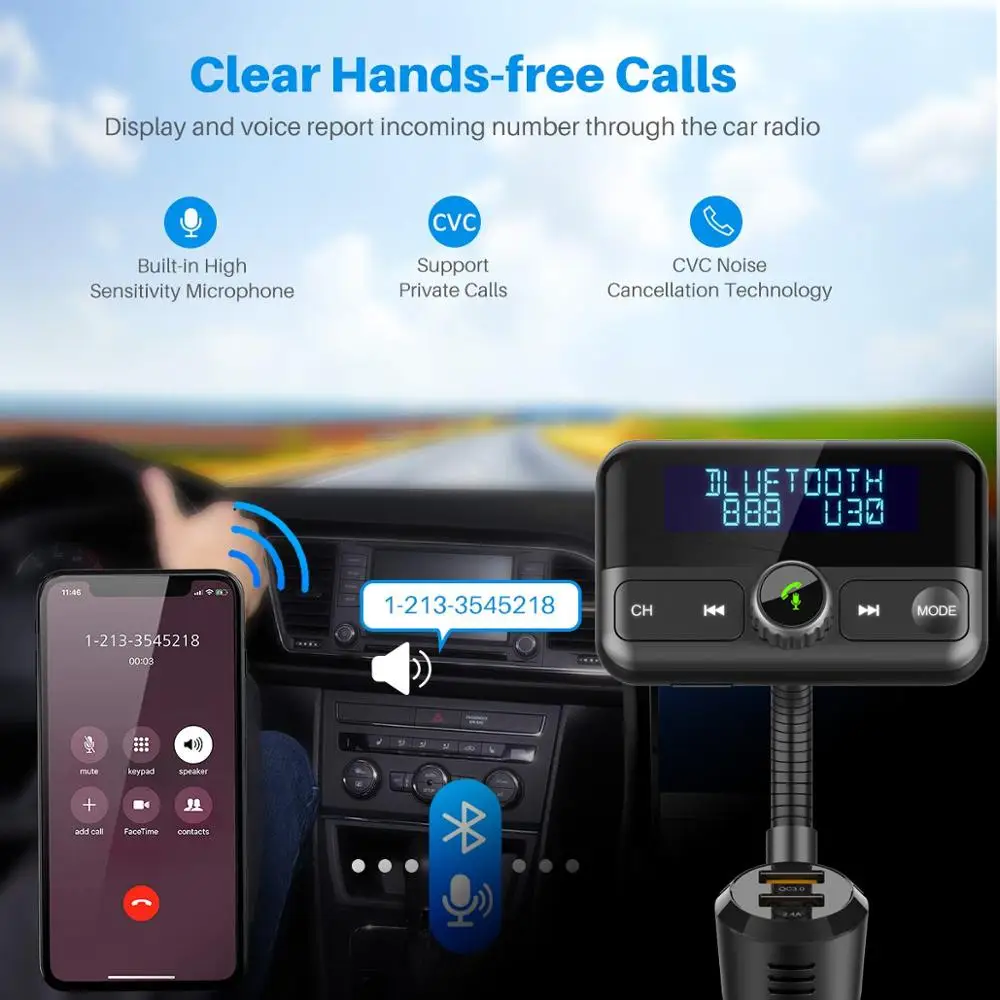

Konrisa 1.8" LCD FM Transmitter Aux Output Bluetooth Handsfree Kit Car MP3 Player QC3.0 Fast Charger Dual USB Support TF Card